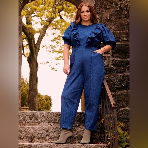 Eloquii Pants - Eloquii Elements Women's Plus Size 22 Denim Jumpsuit Ruffles Short Sleeve Trendy